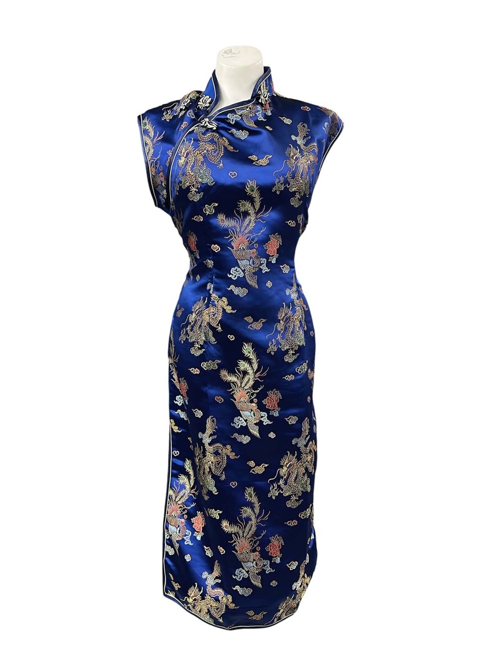 Golden Dragon Navy One-Shoulder Satin Dress with Floral Embroidery Size L